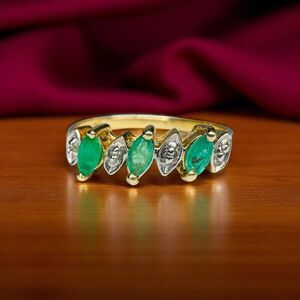 VINTAGE- 10K Gold - Natural Colombian Emerald Diamond Ring -sz 6 -Marquise -1.7g